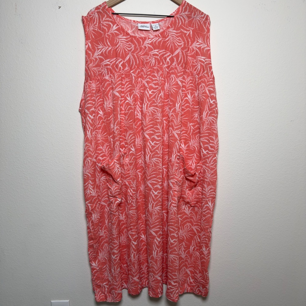 Vermont Country Store Womens 100% Cotton Dress 3X Coral Pink Palm Leaf Pockets